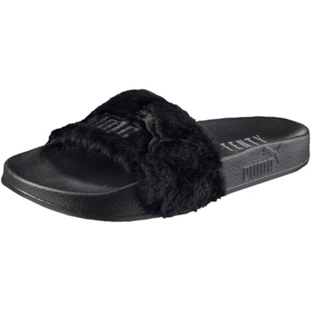 Fenty X Puma Sandals Women's 8 Black Leadcat Slides Fuzzy Slip On Comfy Rhianna